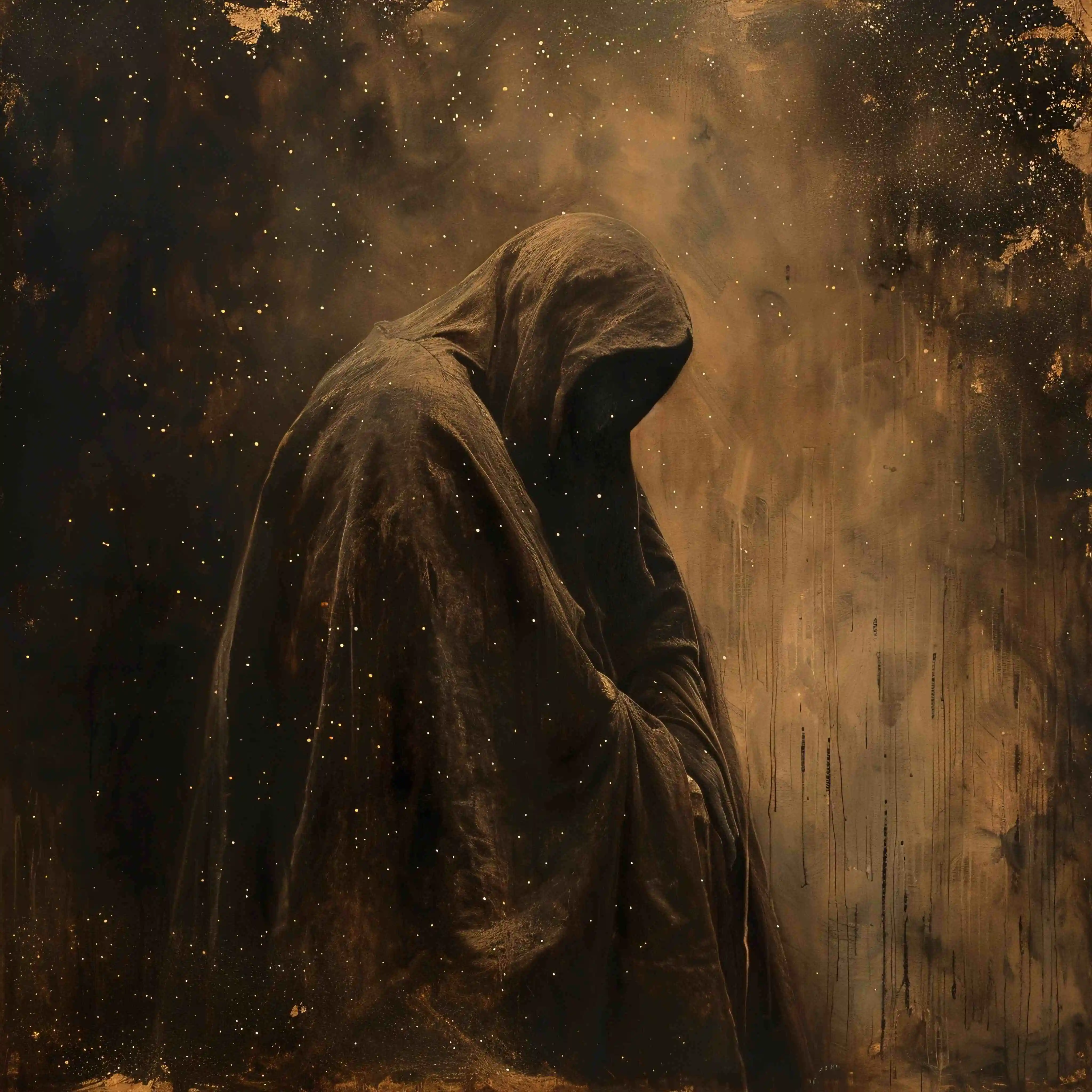 Dark hooded figure in a tattered cloak, shrouded in shadows and golden dust particles, standing against a distressed, abstract background evoking themes of mystery, fear, and existential dread.